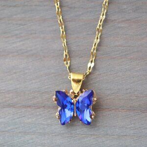 Butterfly Blue Rhinestone Style Pendant Necklace 18k Gold Plated Stainless Steel